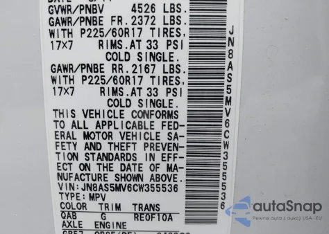 2012 Nissan Rogue Sv z USA, uszkodzony, nr VIN JN8AS5MV6CW355536